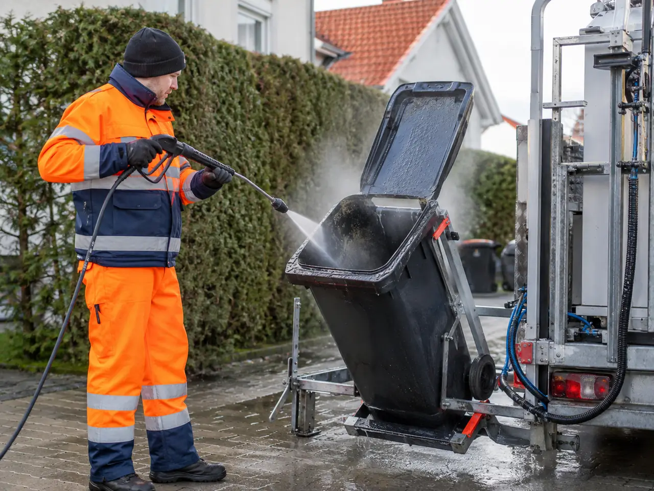 Professionelle Behälterreinigung im laufenden Einsatz