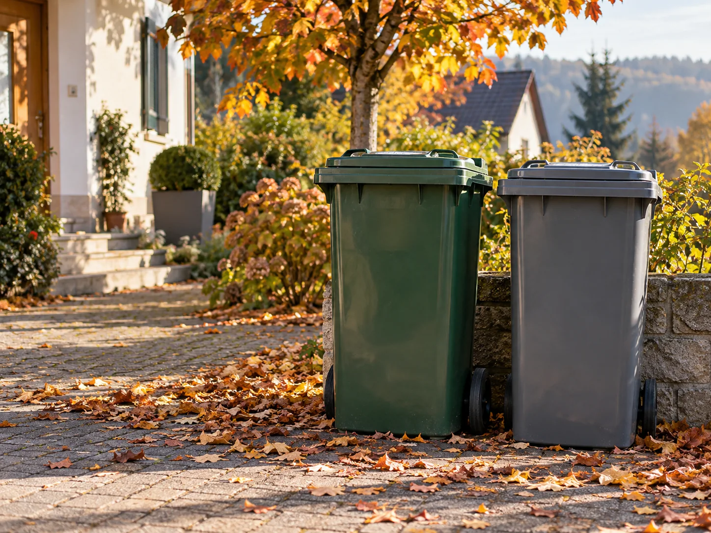 Grüne und graue Mülltonne an einem Wohnhaus zwischen herbstlichen Blättern