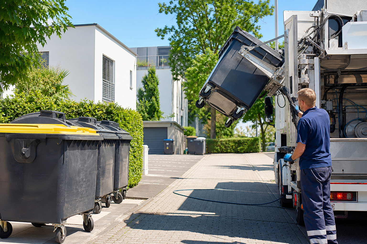 Reinigung von 660- und 1.100-Liter-Großbehältern an einem Müllplatz