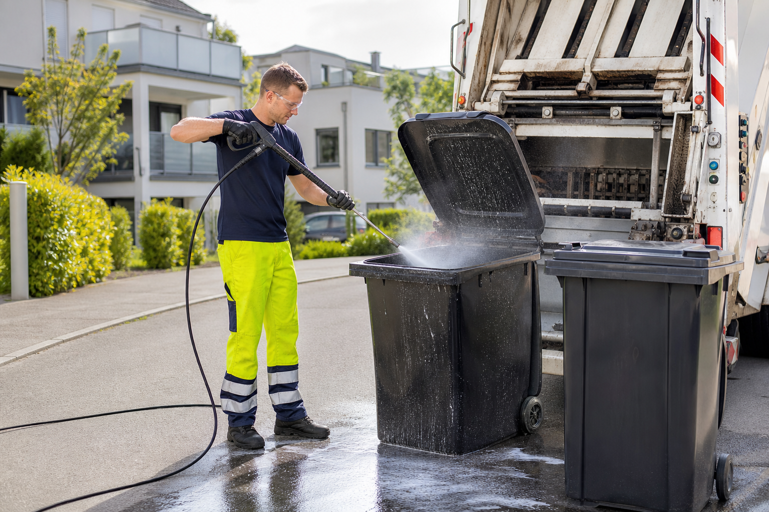 660- und 1.100-Liter-Großbehälter an einer offenen Müllplatzeinhausung mit breiter Zufahrt