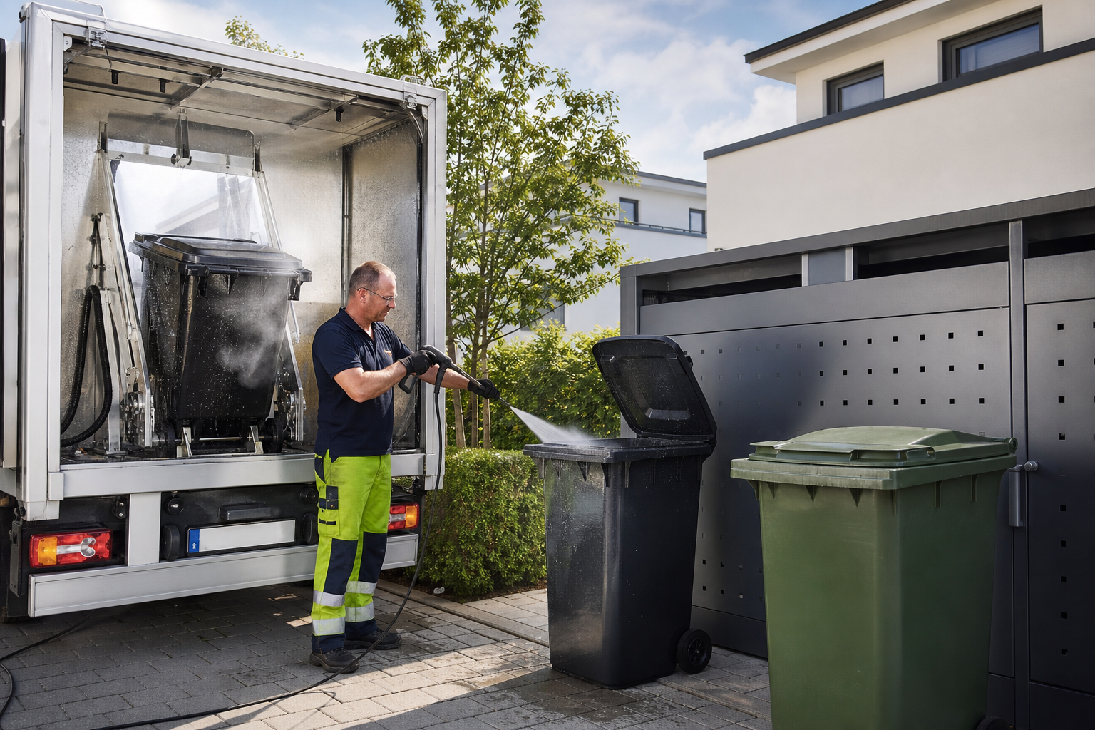Reinigung von 660- und 1.100-Liter-Großbehältern an einem Müllplatz