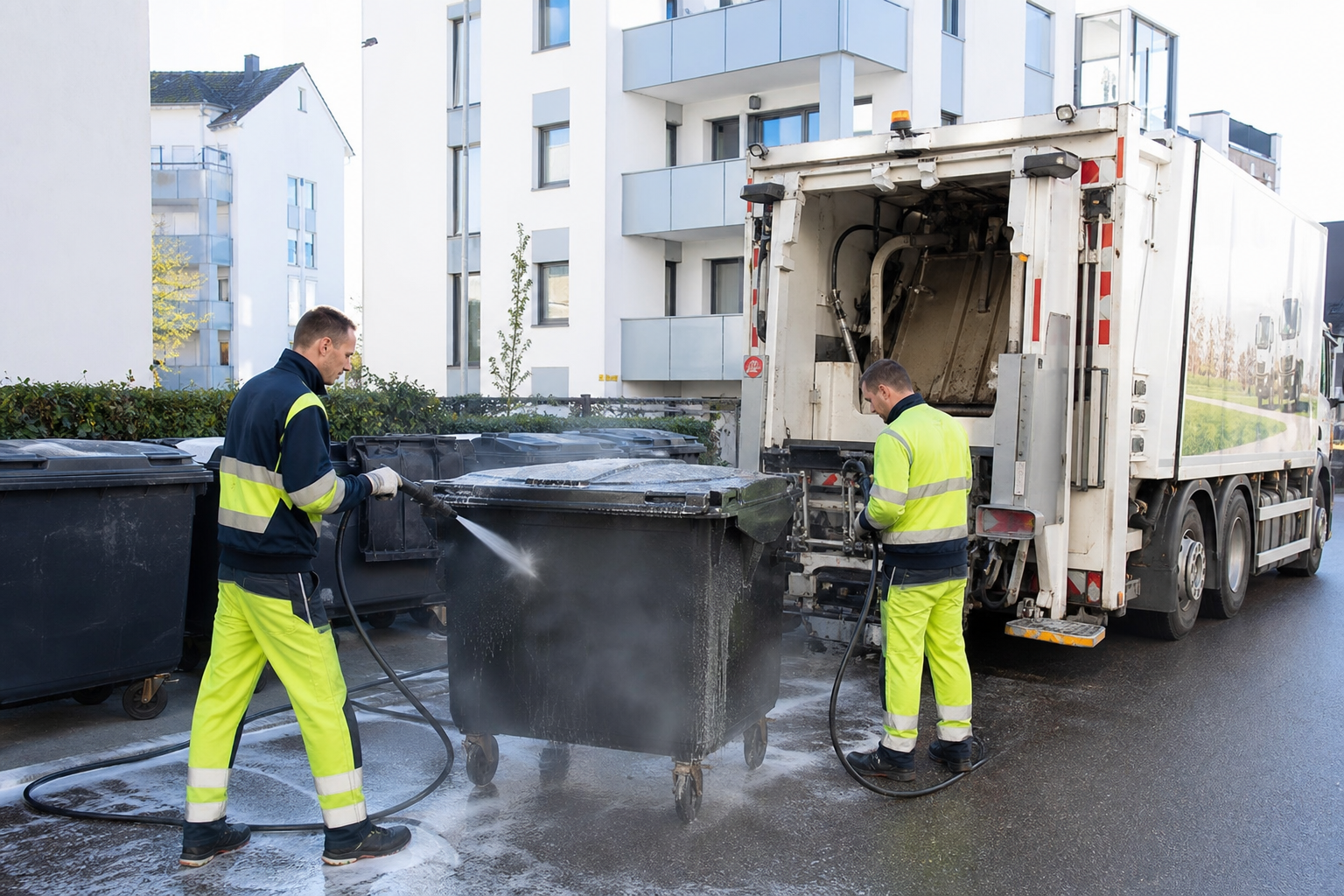 Professionelle Behälterreinigung an einem Müllplatz einer Wohnanlage mit Großbehältern