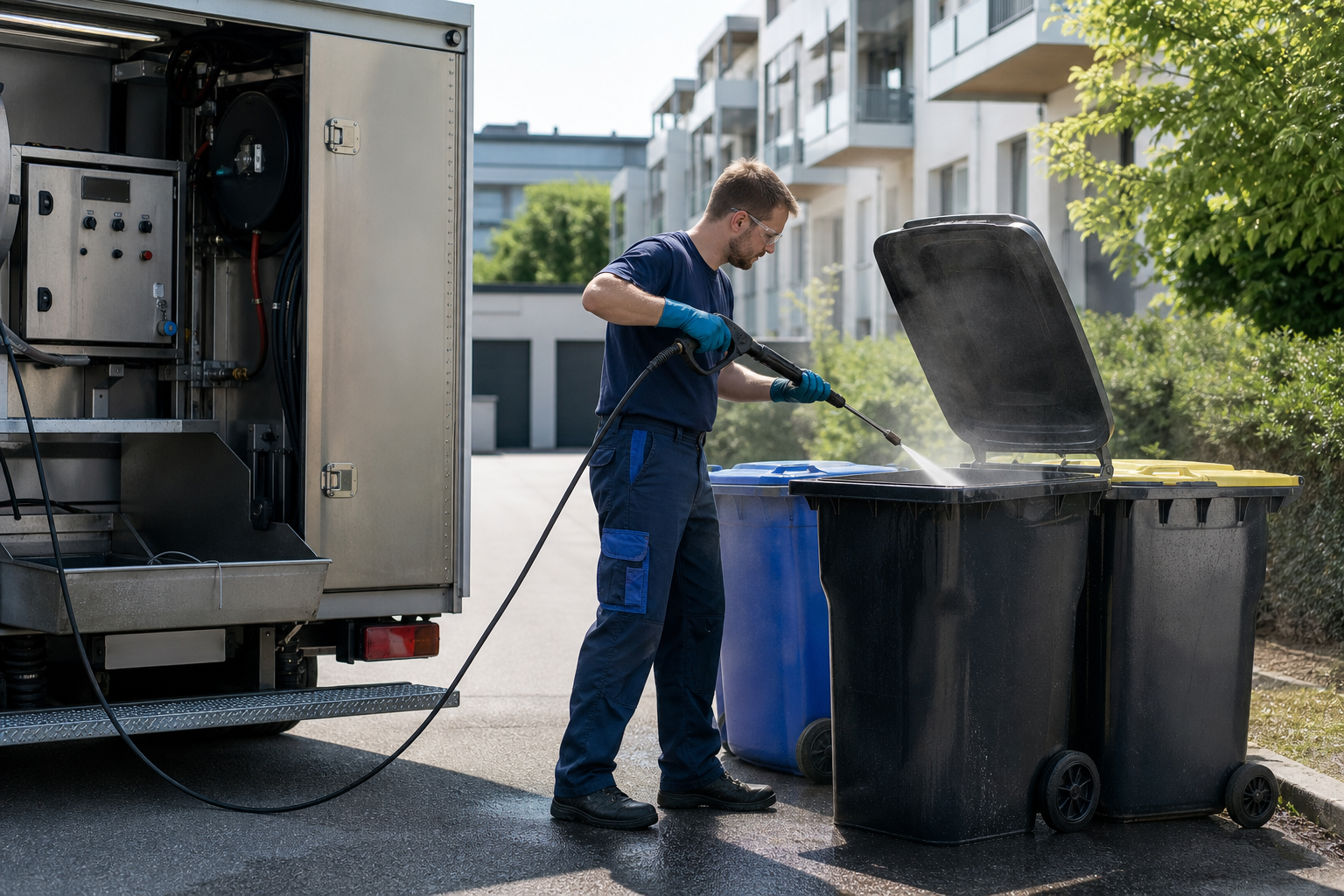 Professionelle Behälterreinigung von Großbehältern am Müllplatz einer Wohnanlage