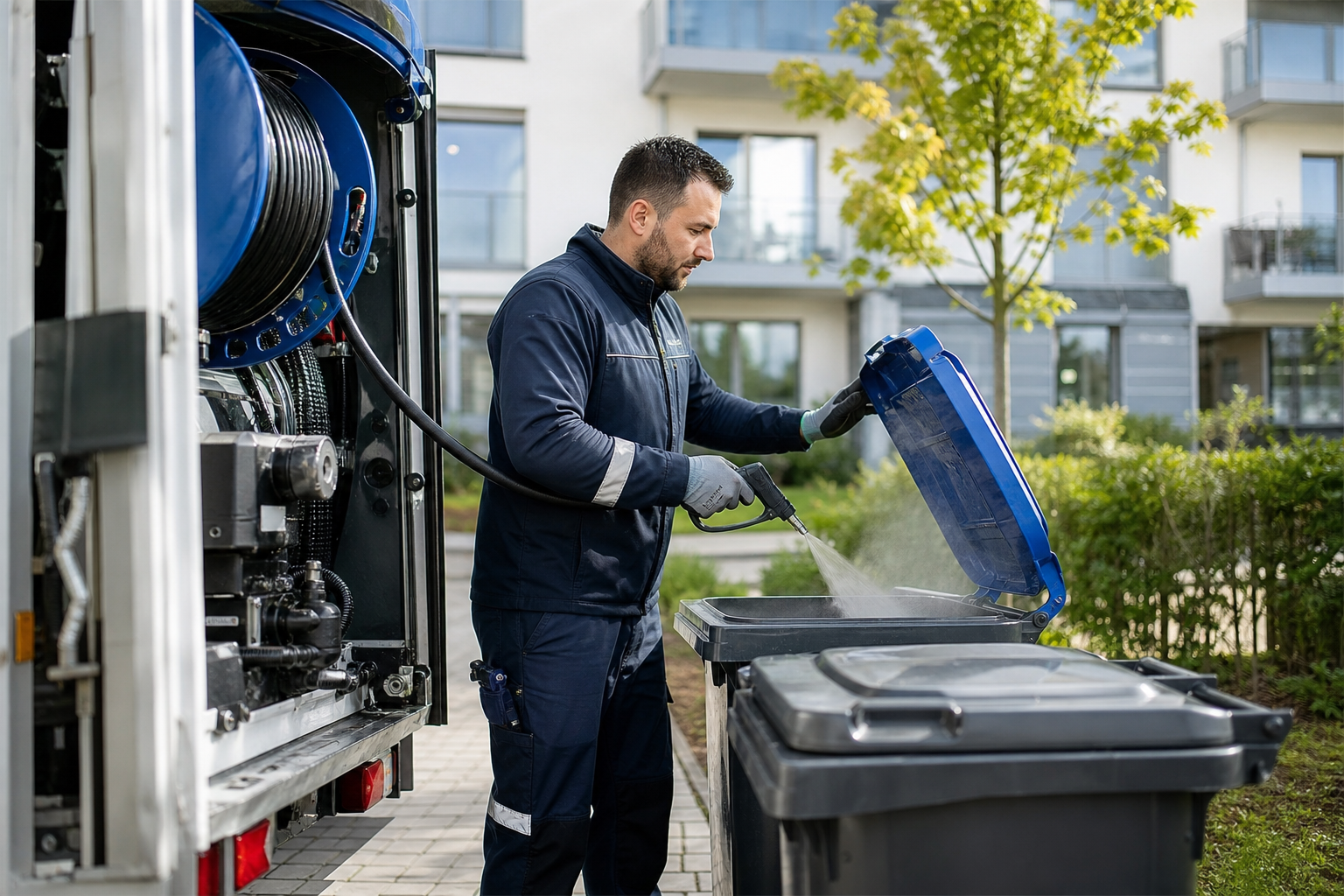 Dokumentierte Behälterreinigung an Großbehältern einer Wohnanlage für die Hausverwaltung