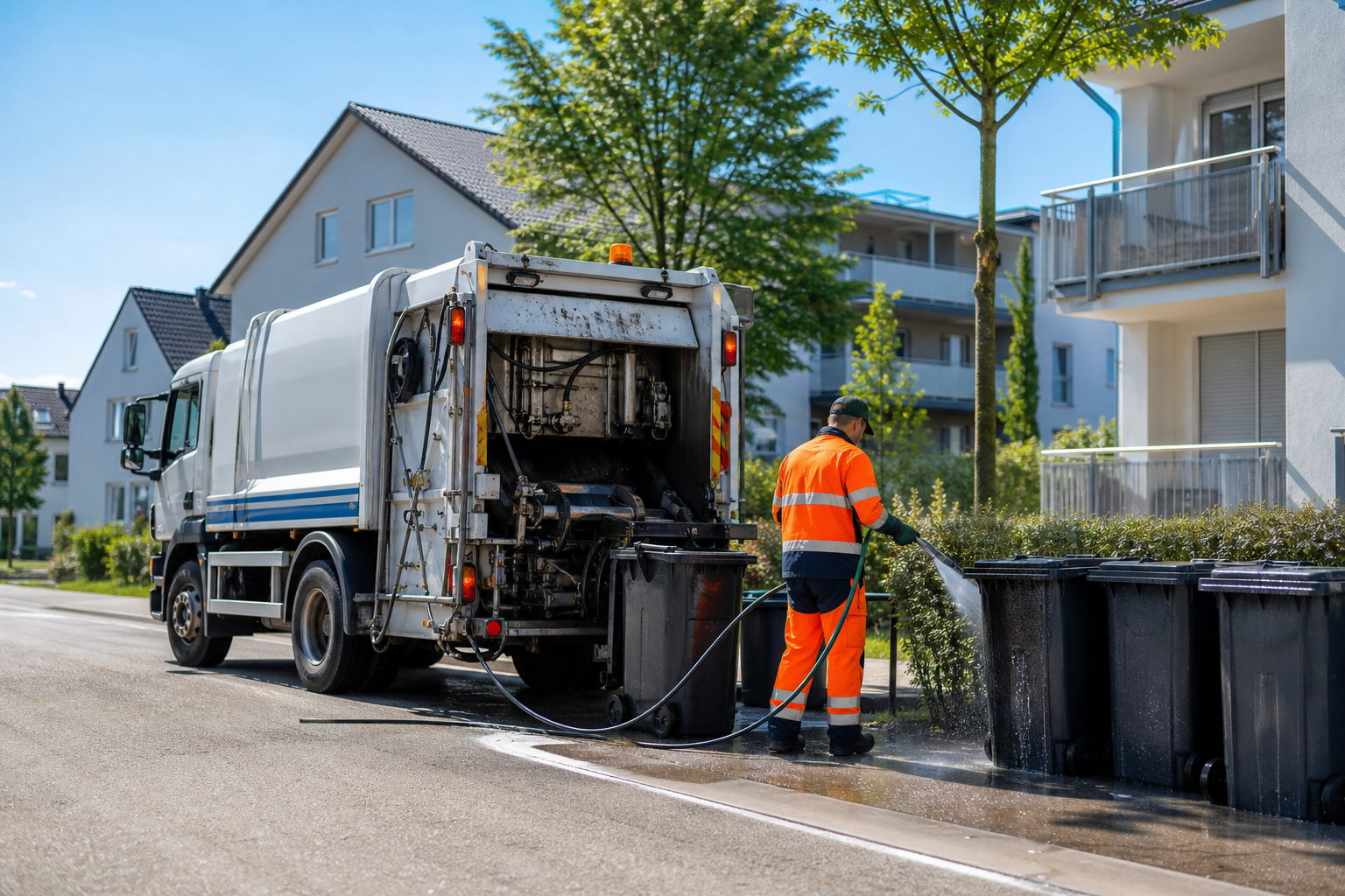 Kommunale Behälterreinigung an einem öffentlichen Standort mit Mülltonnen