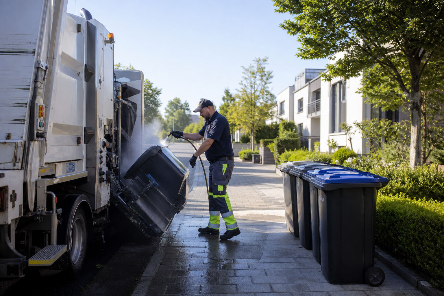 Professionelle Behälterreinigung an einem kommunalen Standort mit Mülltonnen