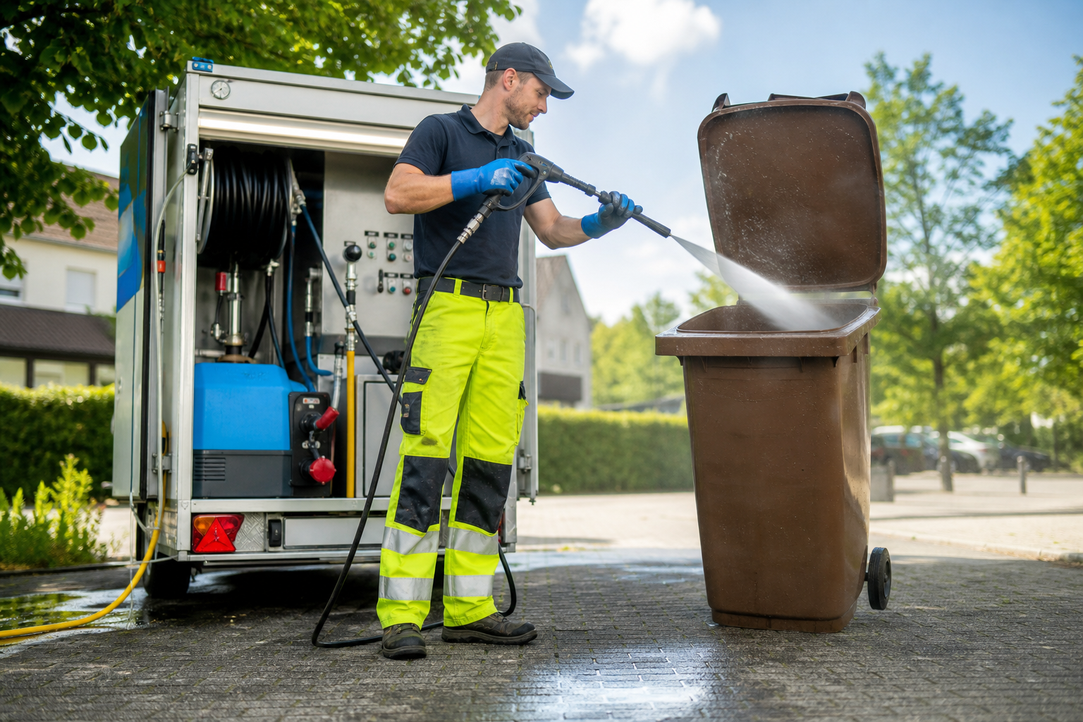 Professionelle Reinigung einer Biotonne nach der Leerung am Hochrhein