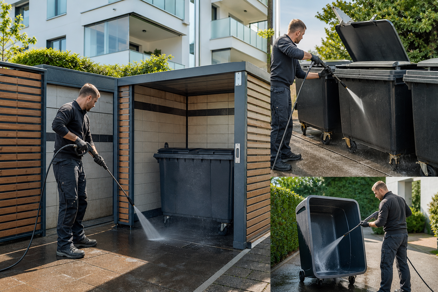 Gereinigter Müllplatz mit Einhausung und Großbehältern an einem Gewerbestandort