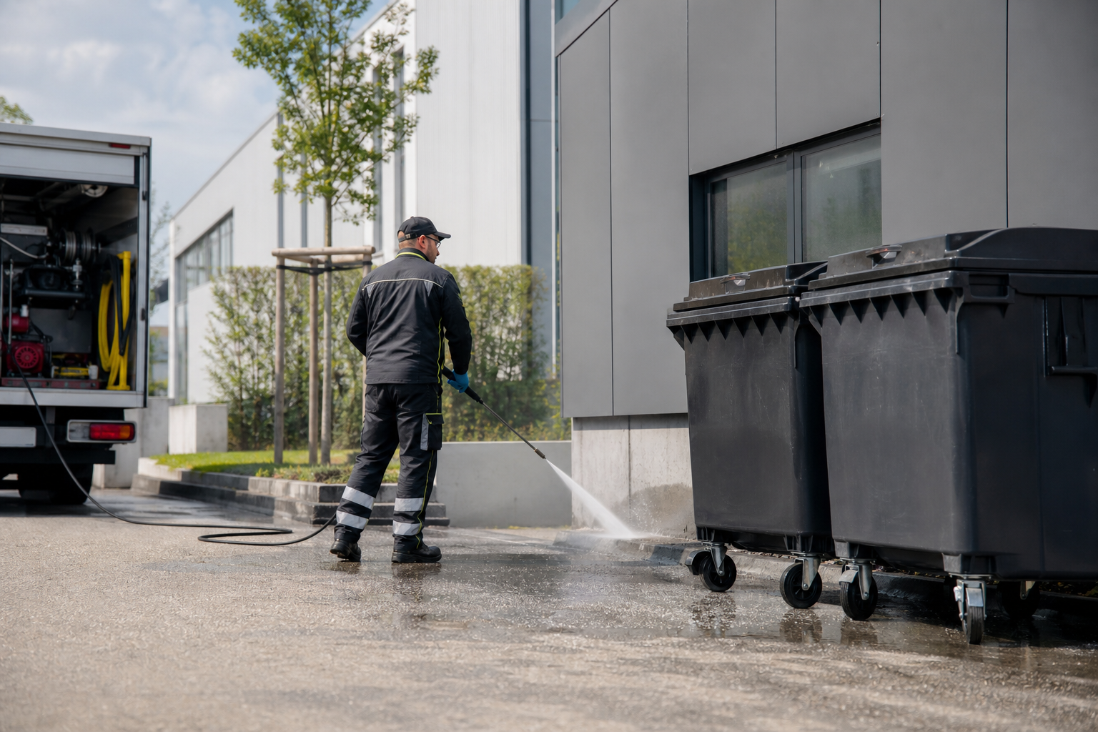 Sauberer Müllplatz mit gereinigten Abfallbehältern an einem Gewerbestandort
