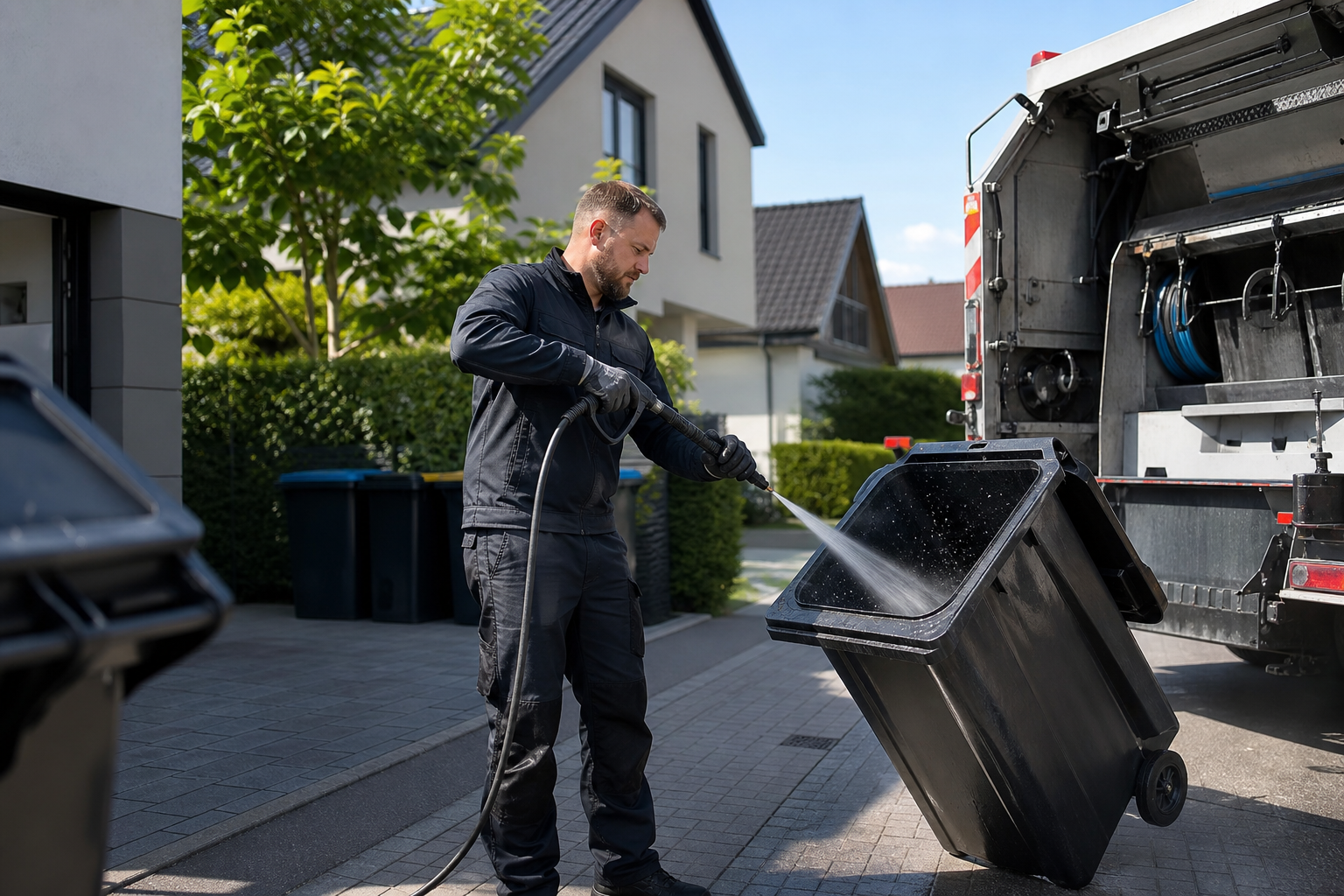 Mitarbeiter reinigt Mülltonne vor einem Wohnhaus am Hochrhein