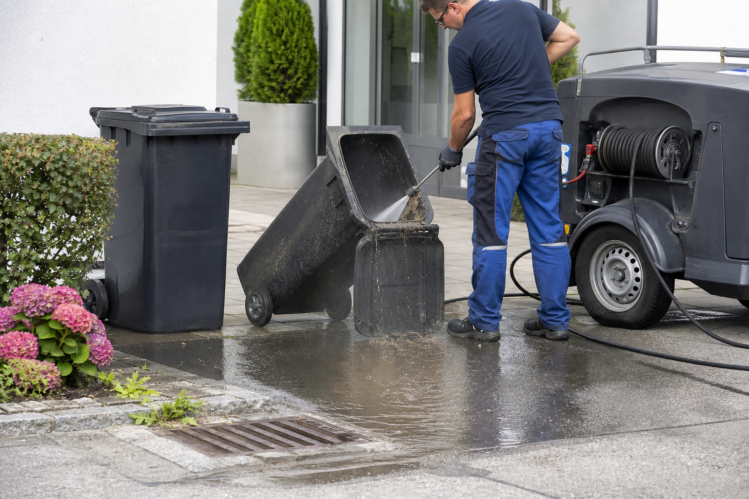 Mülltonnenreinigung mit aufgefangenem Schmutzwasser statt Entsorgung in Gully, Straße oder Garten