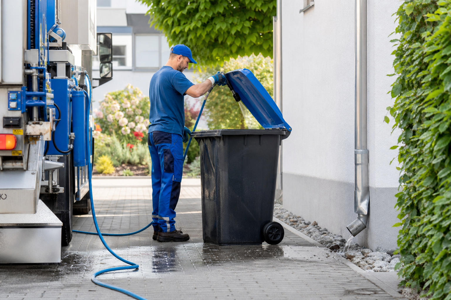 Mülltonnenreinigung mit fachgerecht aufgefangenem Schmutzwasser
