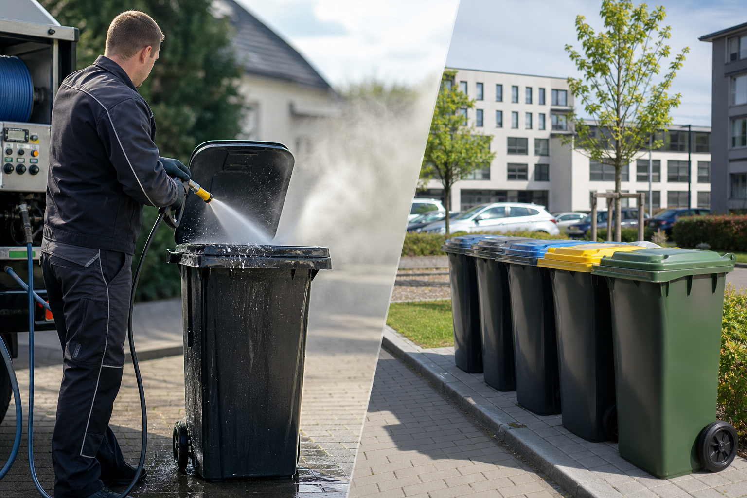 Professionelle Mülltonnenreinigung verschiedener Tonnen vor einem Wohnhaus
