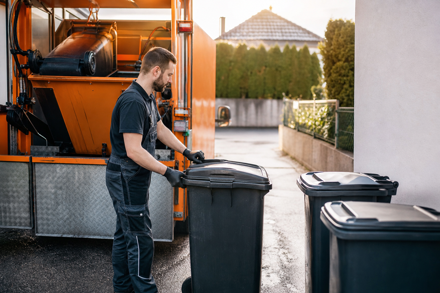 Mülltonnenreinigung verschiedener Tonnen vor einem Wohnhaus zur Preisermittlung
