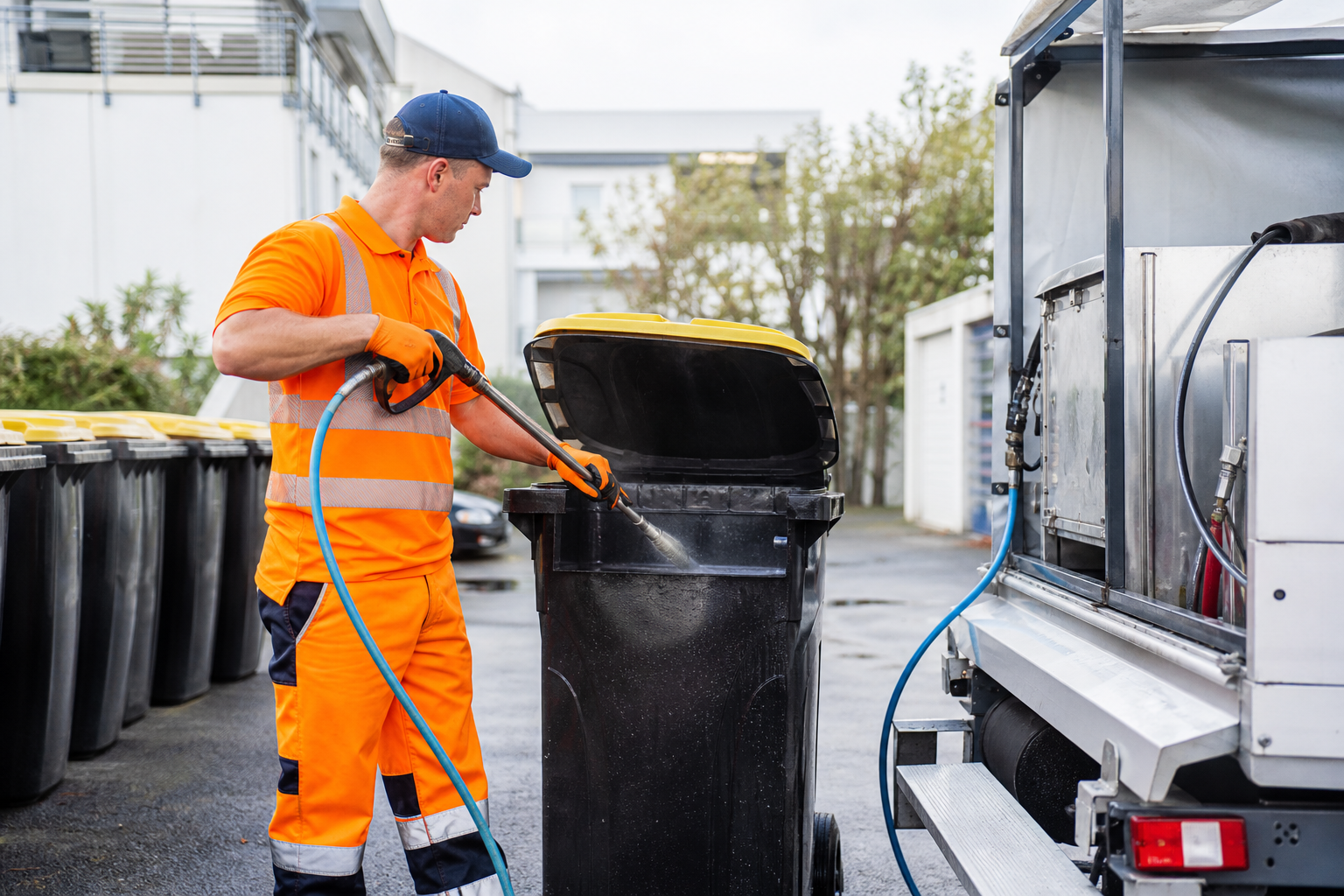 Professionelle Behälterreinigung von Abfallbehältern im Gewerbebetrieb