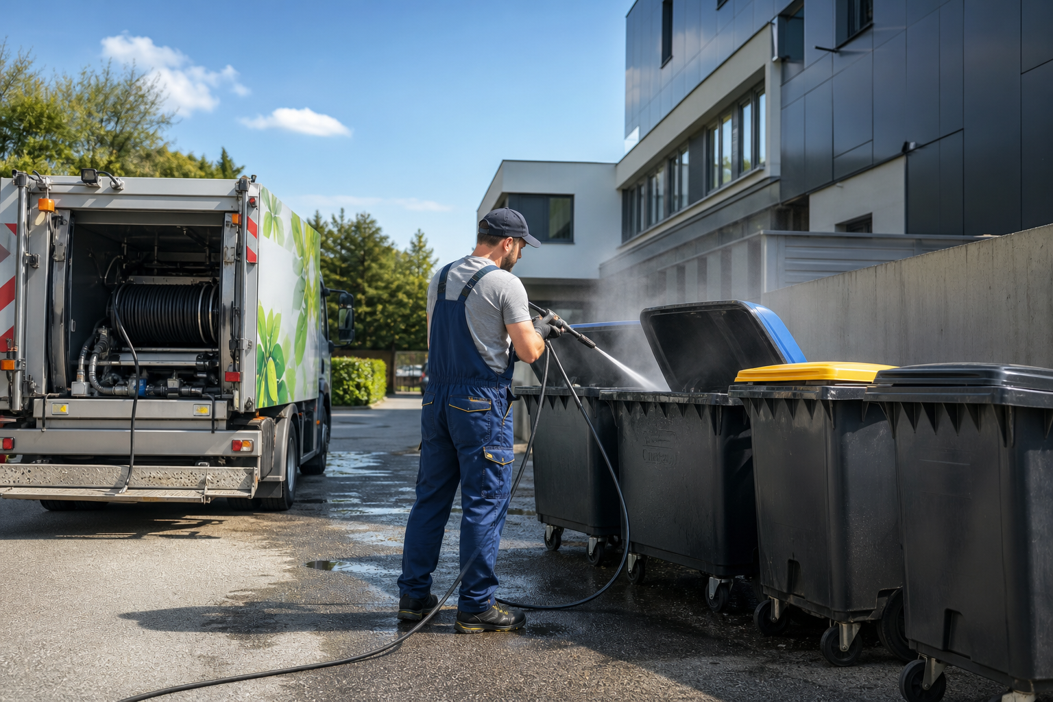 Professionelle Reinigung von Abfallbehältern und Müllplatz im Gewerbe