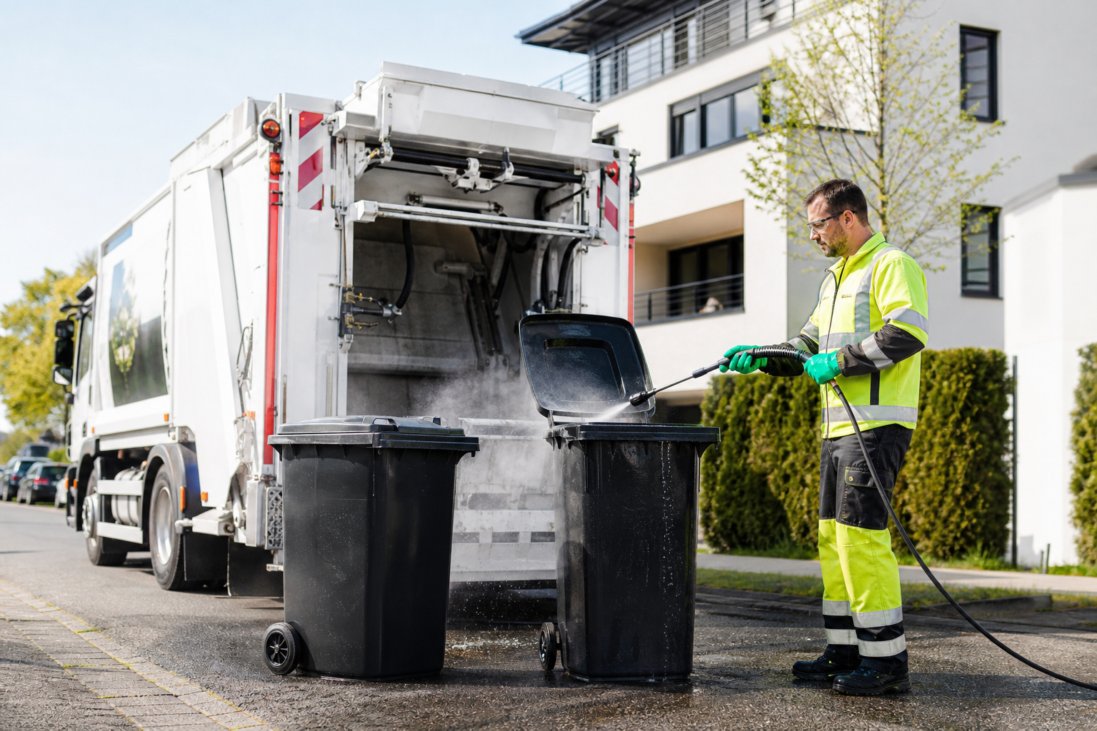 Professionelle Behälterreinigung von Abfallbehältern am Gewerbestandort nach der Leerung
