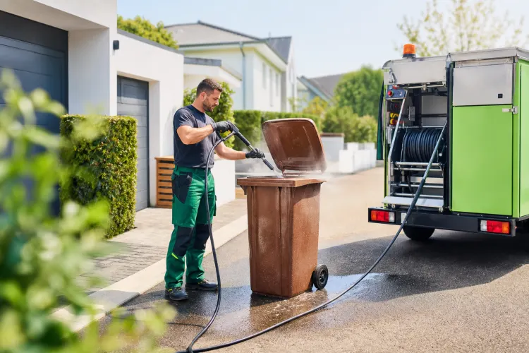 Professionelle Reinigung einer geleerten Biotonne nach der Müllabfuhr
