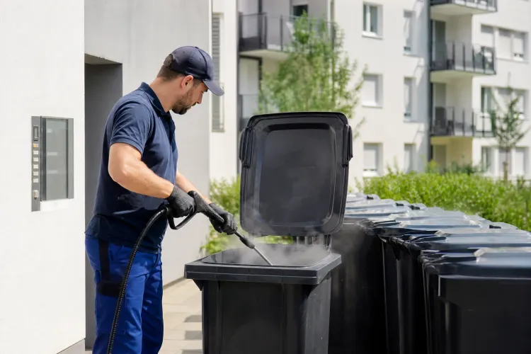 Professionelle Reinigung einer Restmülltonne am Müllplatz eines Mehrfamilienhauses